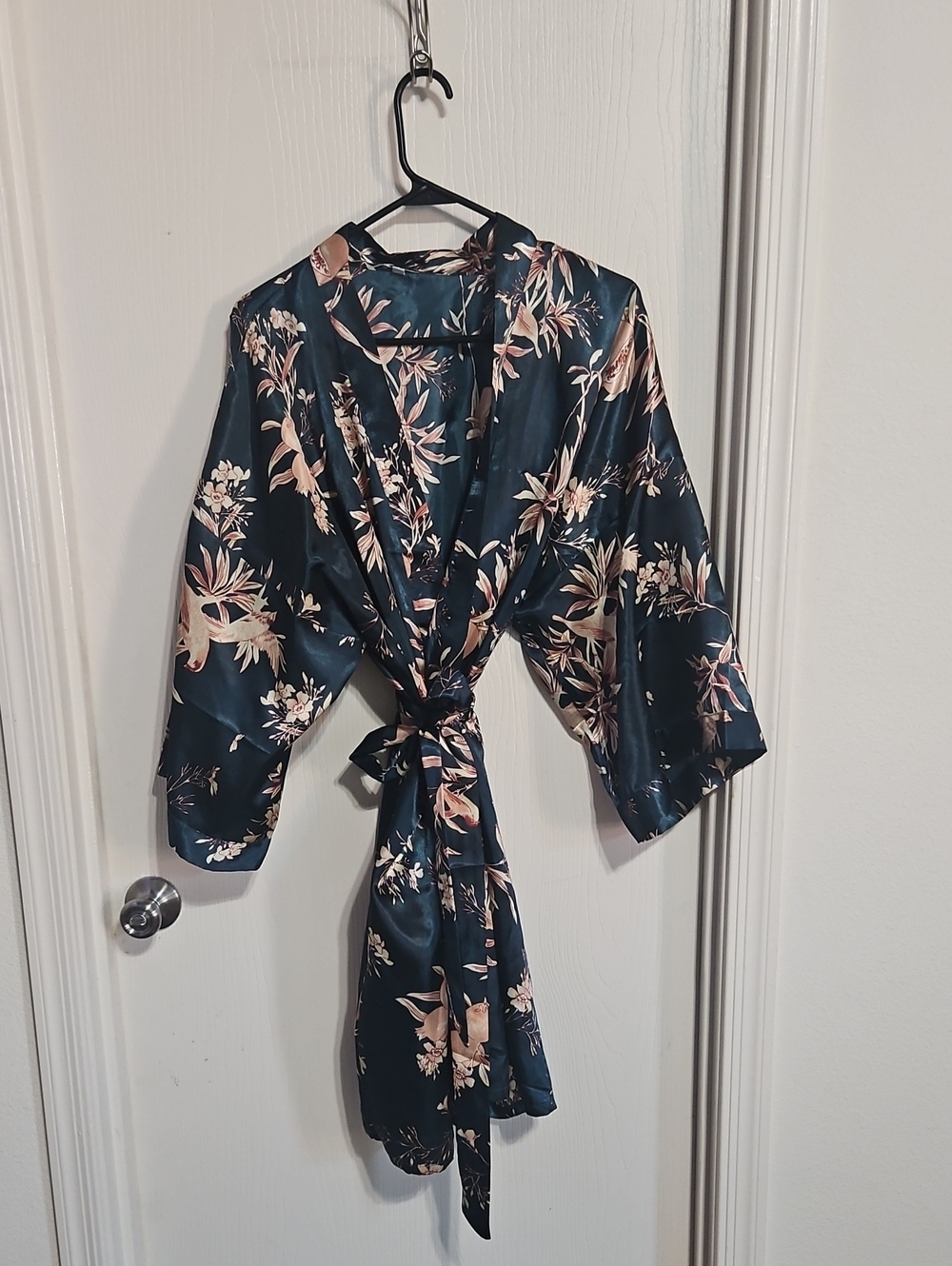 Floral Satin Tie-Waist Robe - Navy with Pink Floral
